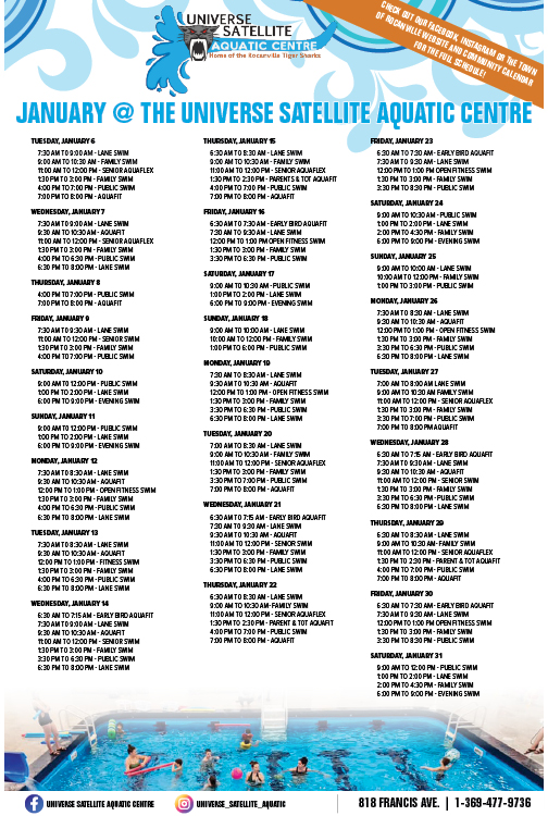 January Schedule at the Universe Satellite Aquatic Centre